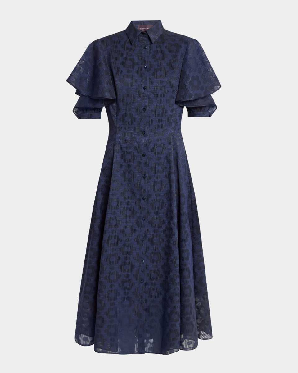 Pril Flower Organdy Flounce-Sleeve Midi Shirtdress